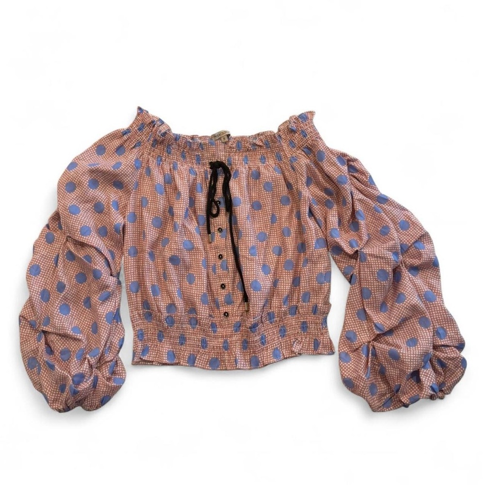 Backroom Blue Polka Dot Off-Shoulder Ruffle Top